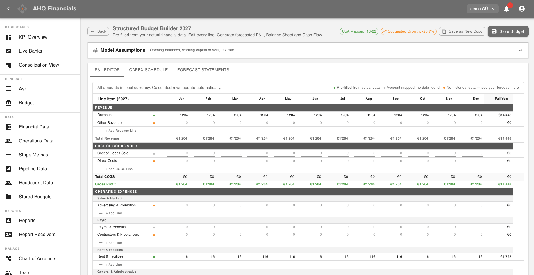 Build a complete, professional budget by hand or use our chat-based tool