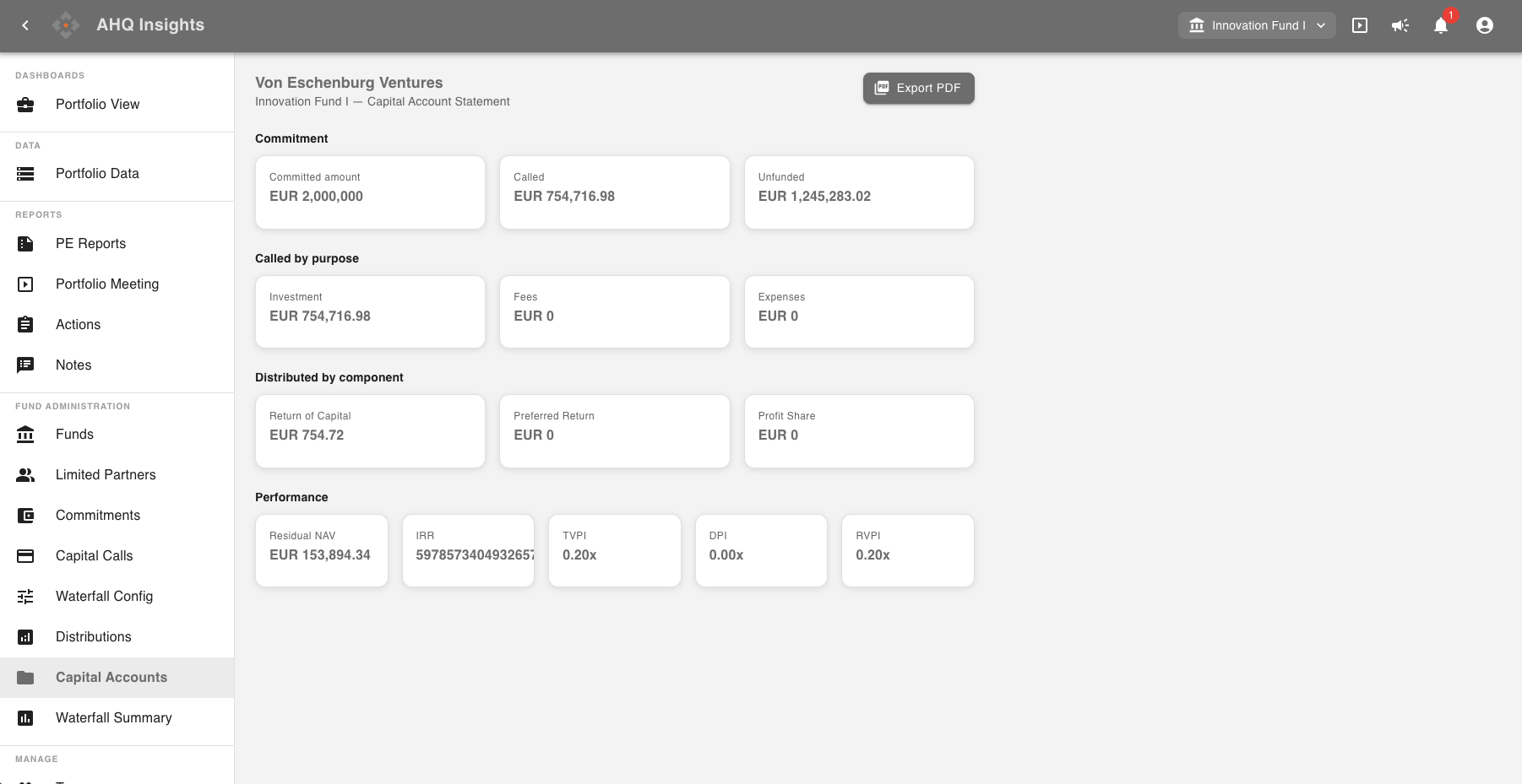 A capital account statement for every LP, ready to export